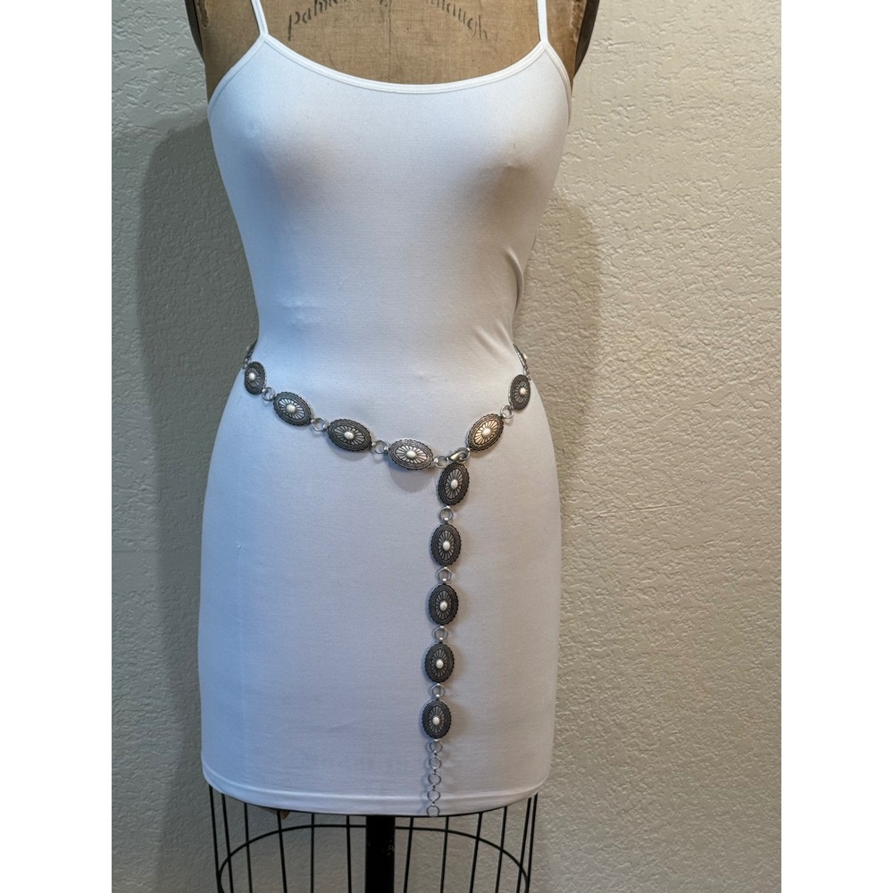 Silver Tone Oval Concho Chain Belt Faux White Turquoise Stone Western Boho NEW